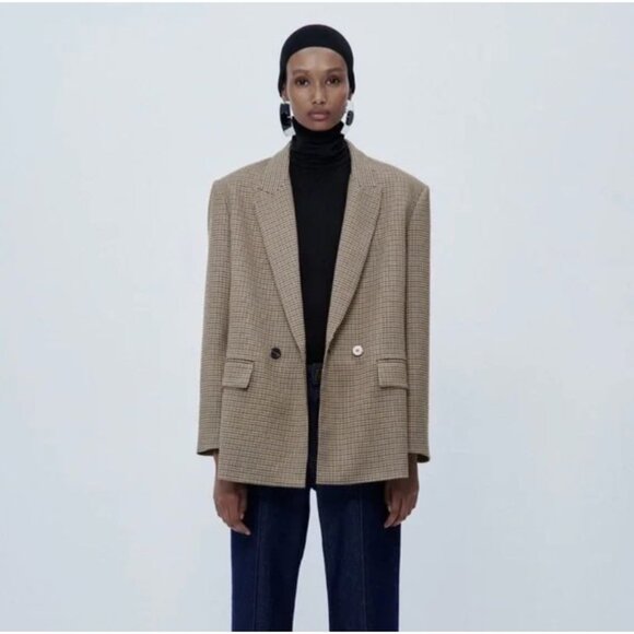 Zara Houndstooth Brown Black Long Sleeve Lapel Collar Blazer Size S - Picture 1 of 7